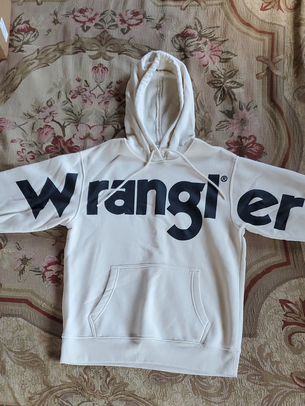 Wrangler Cream Hoodie with Large Navy Logo